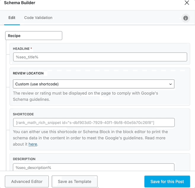 Recipe Schema Builder