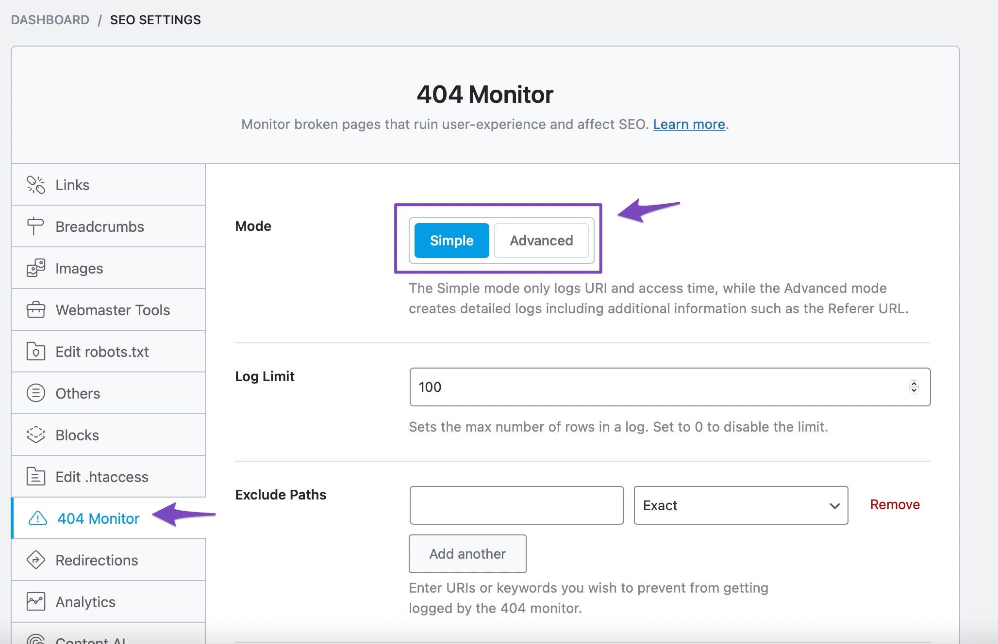 Rank Math 404 Monitor - Advanced mode