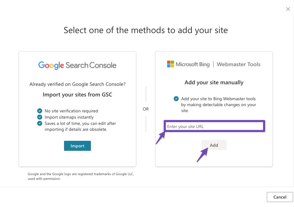 Add website manually to Bing Webmaster Tools