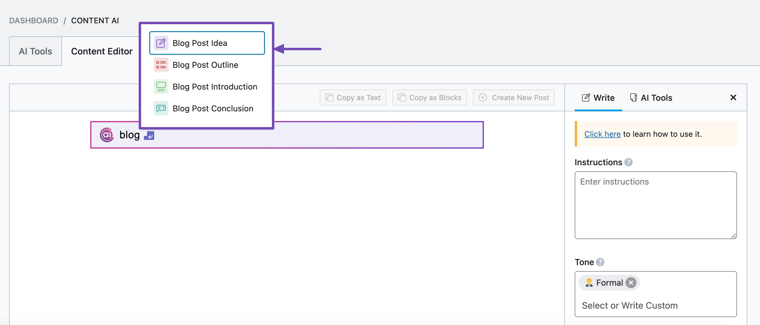 AI Assistant block in the Content Editor