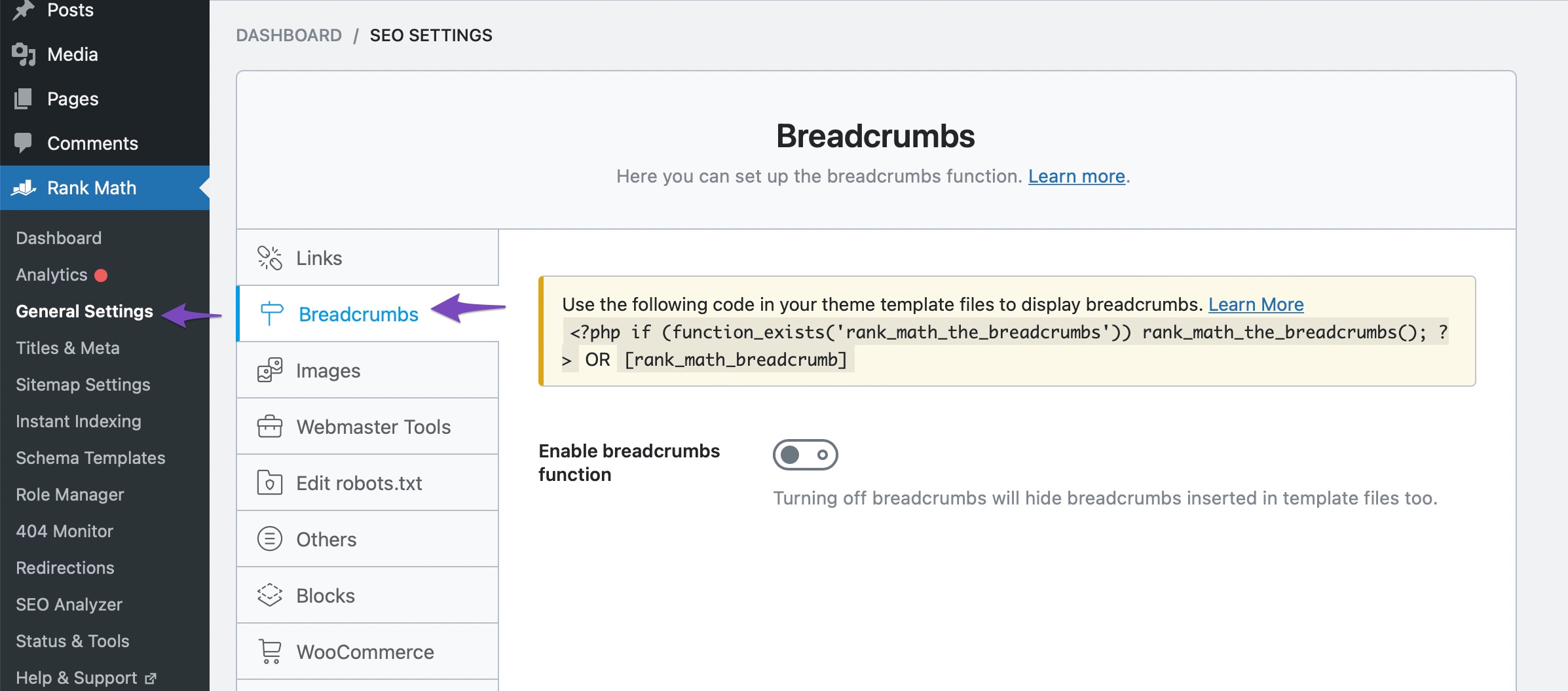 breadcrumbs settings