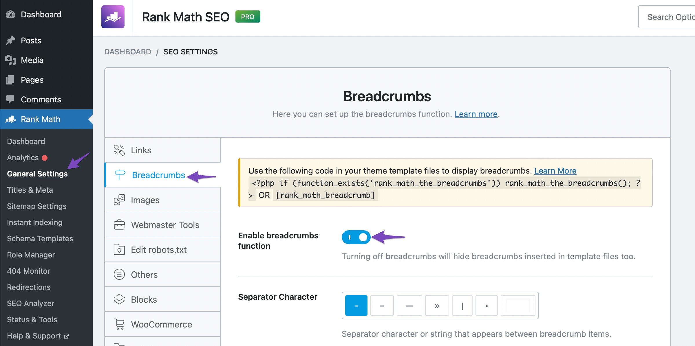 Enable breadcrumbs function in Rank Math