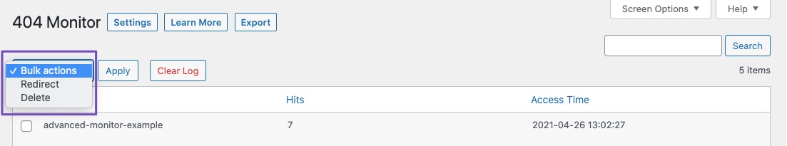 Bulk actions available in 404 Monitor