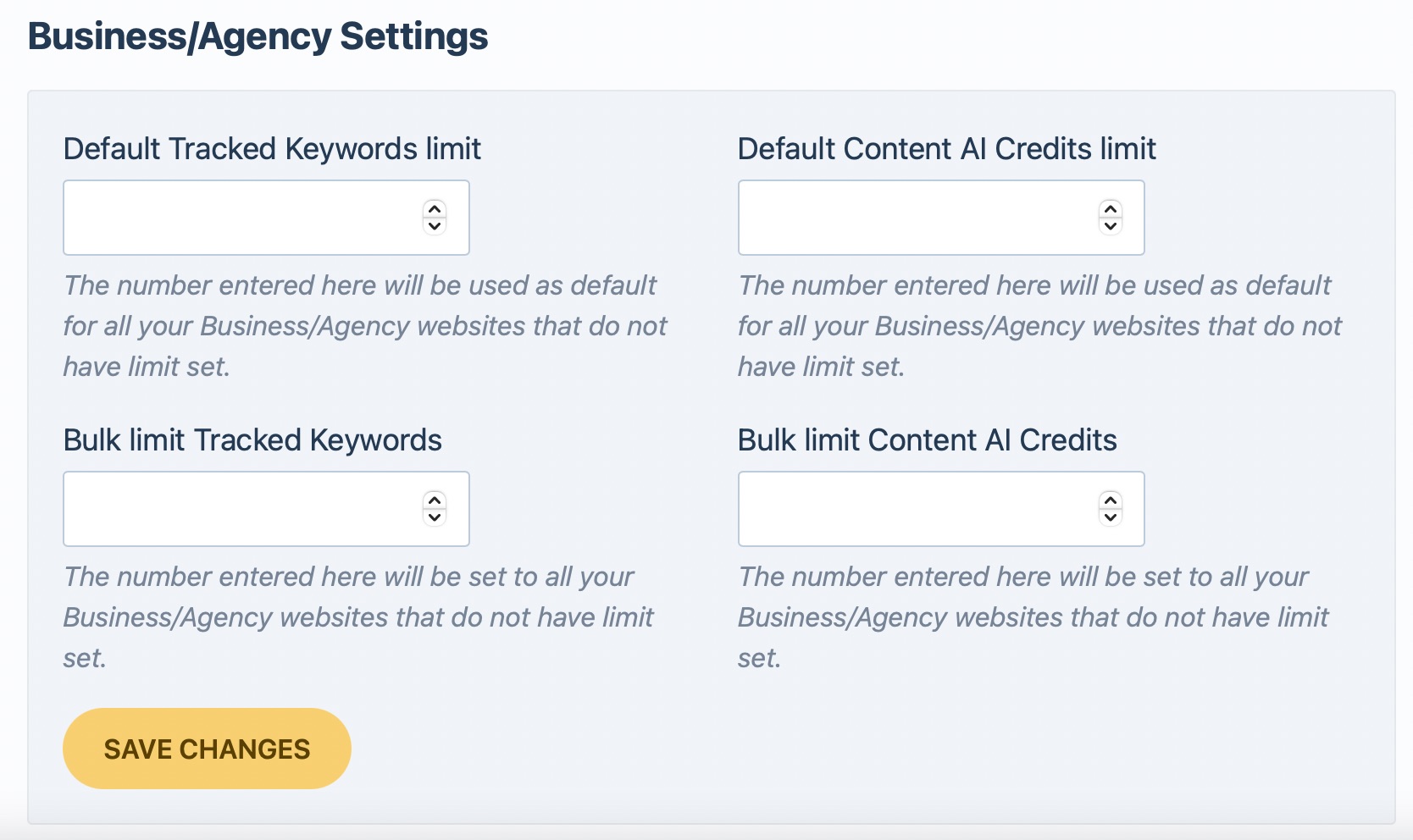 Business and Agency settings