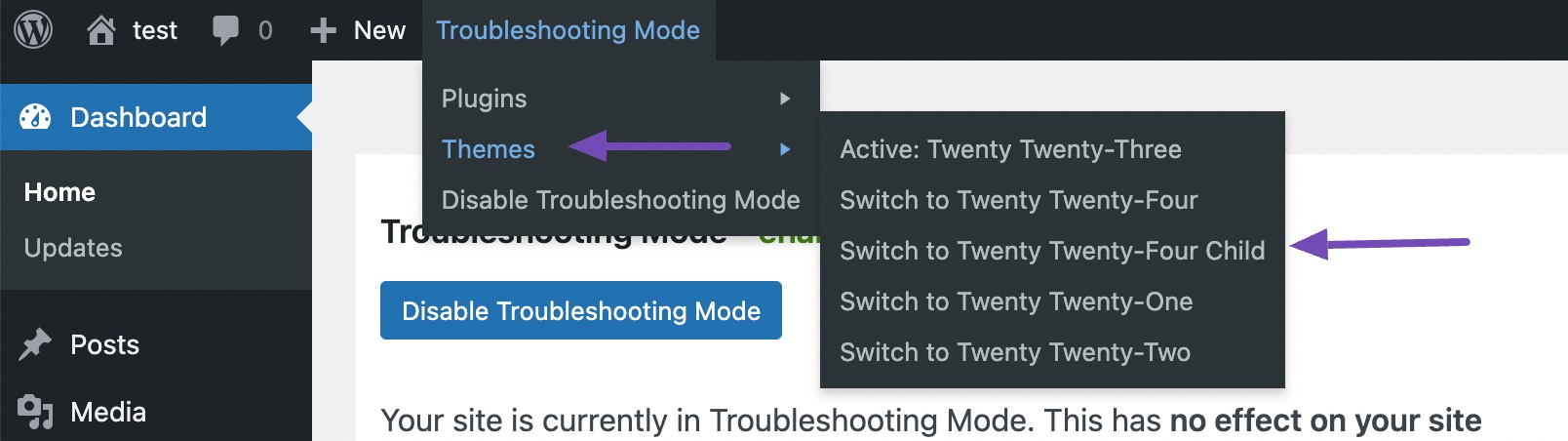 Enable your custom theme in Troubleshooting Mode