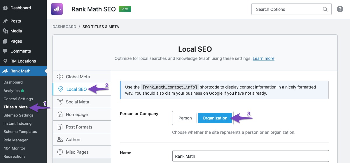 Choose Organization for Local SEO settings