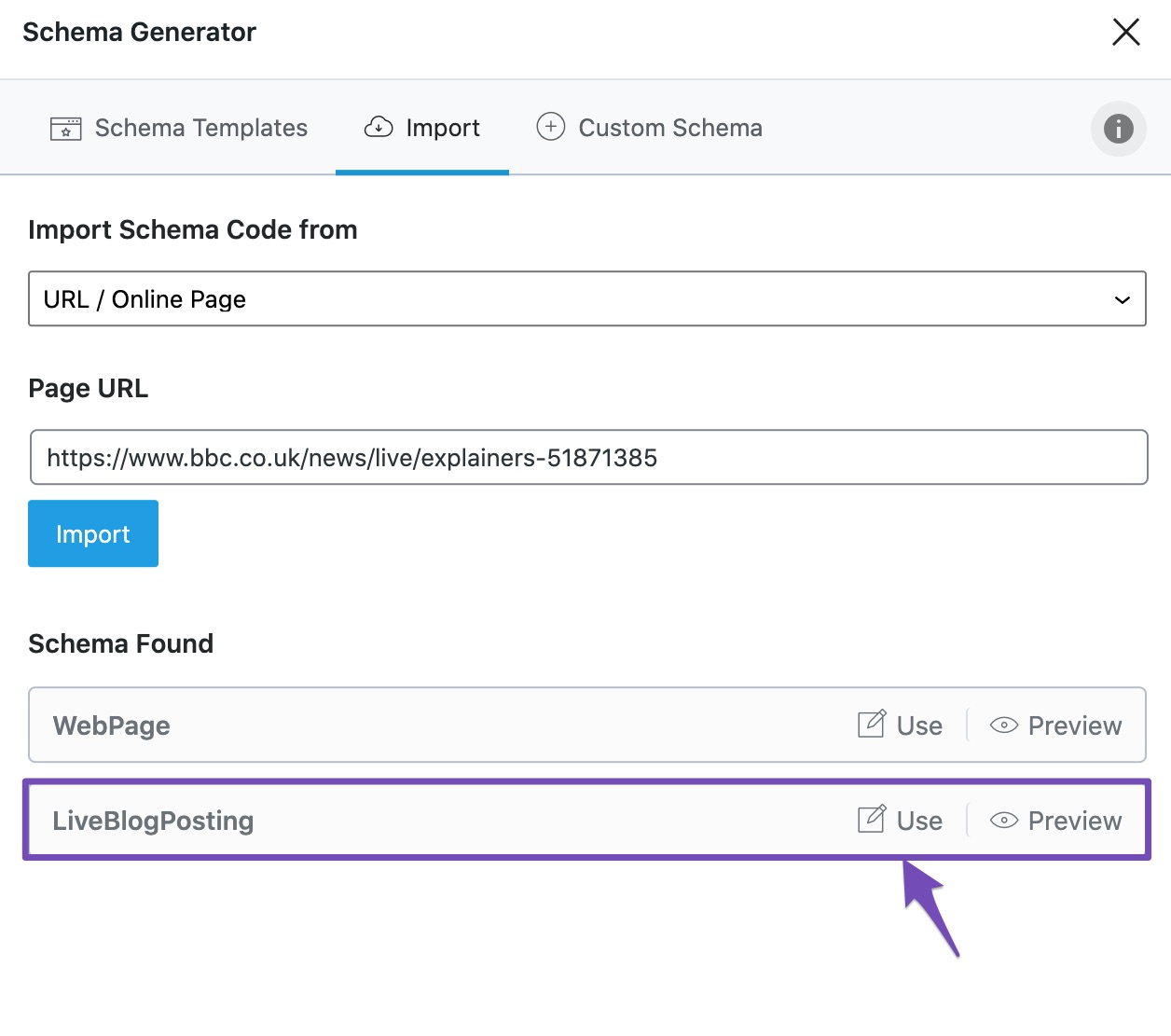 Choosing specific Schema Markup to import