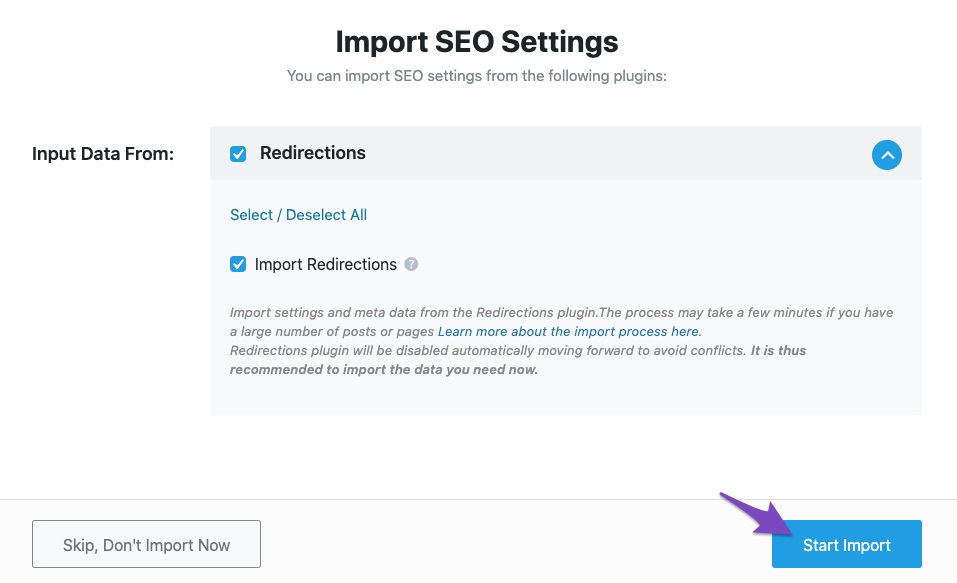 Click Start Import for Redirections