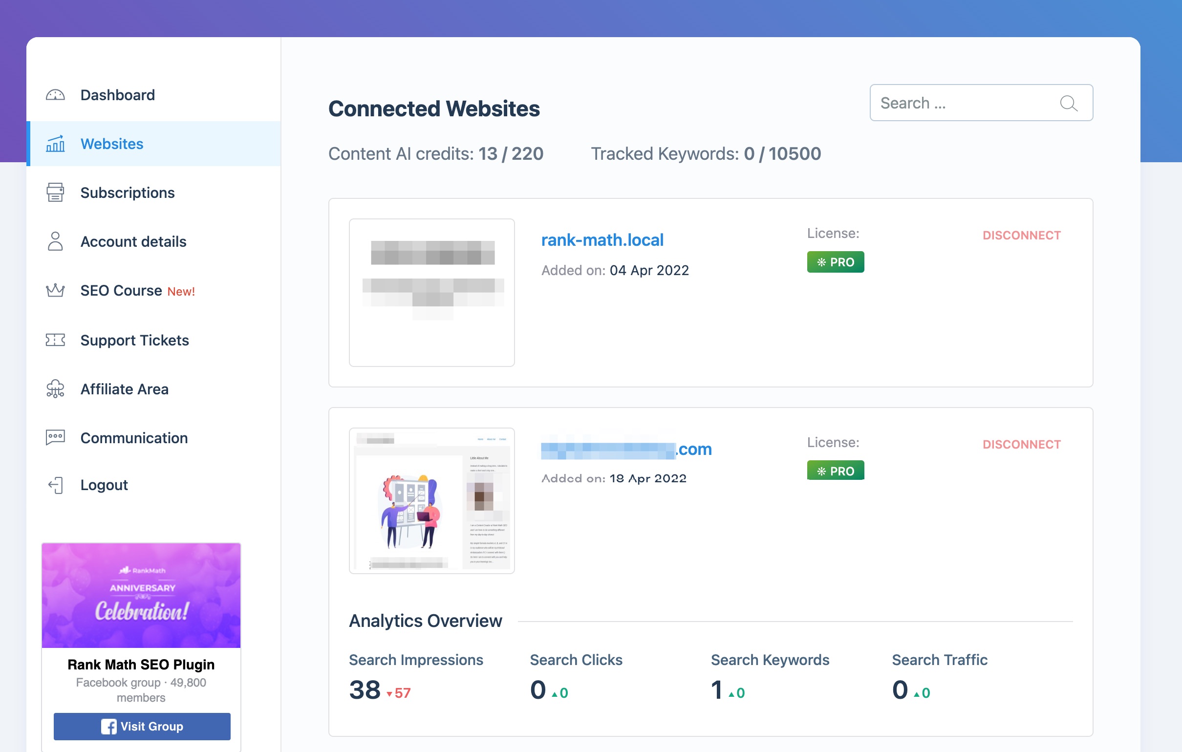 Rank Math Client Management dashboard