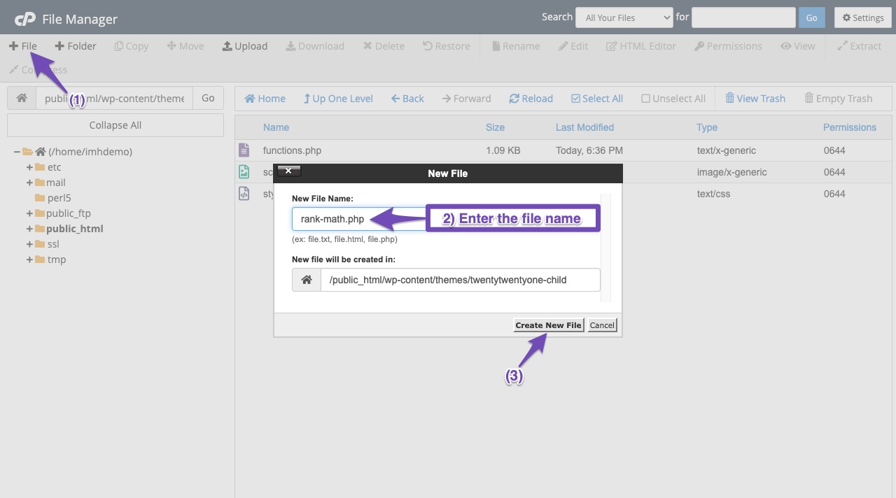 Create rank-math.php file with cPanel Manager