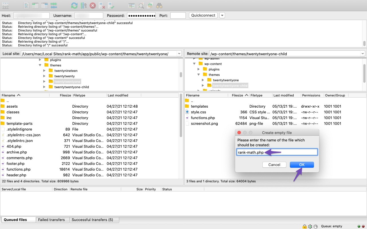 Creating rank-math.php file with FTP