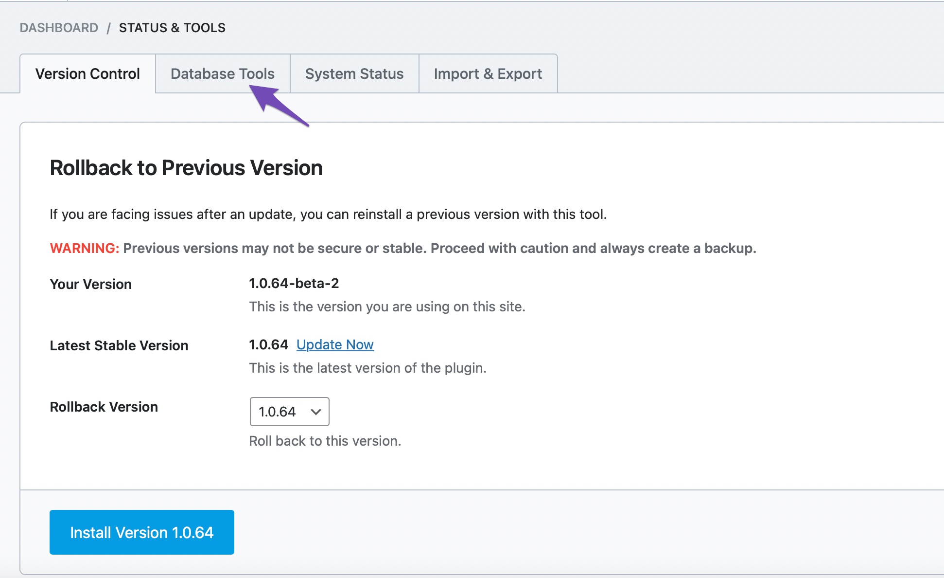 Database Tools option under Status and Tools