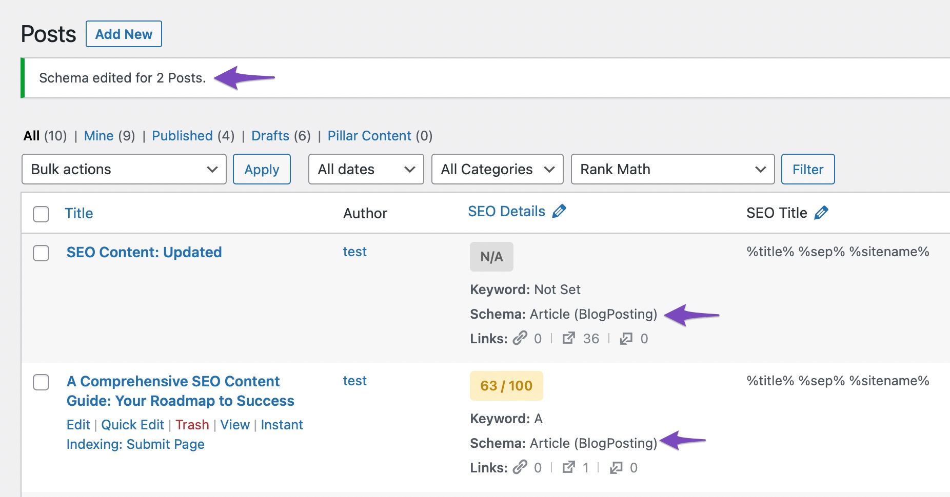 Default Schema set using bulk actions