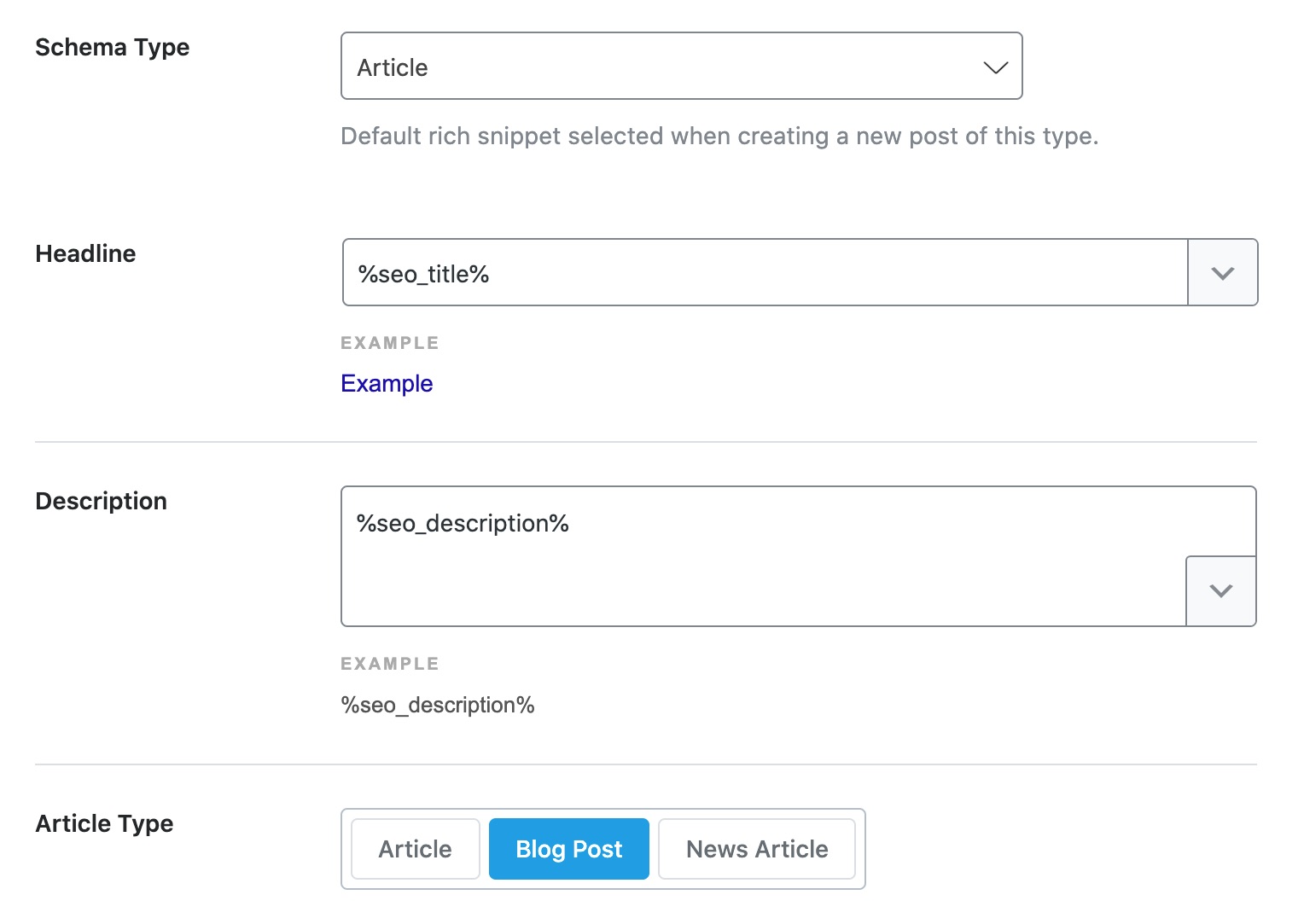 Default Schema Type configuration in Rank Math Titles & Meta