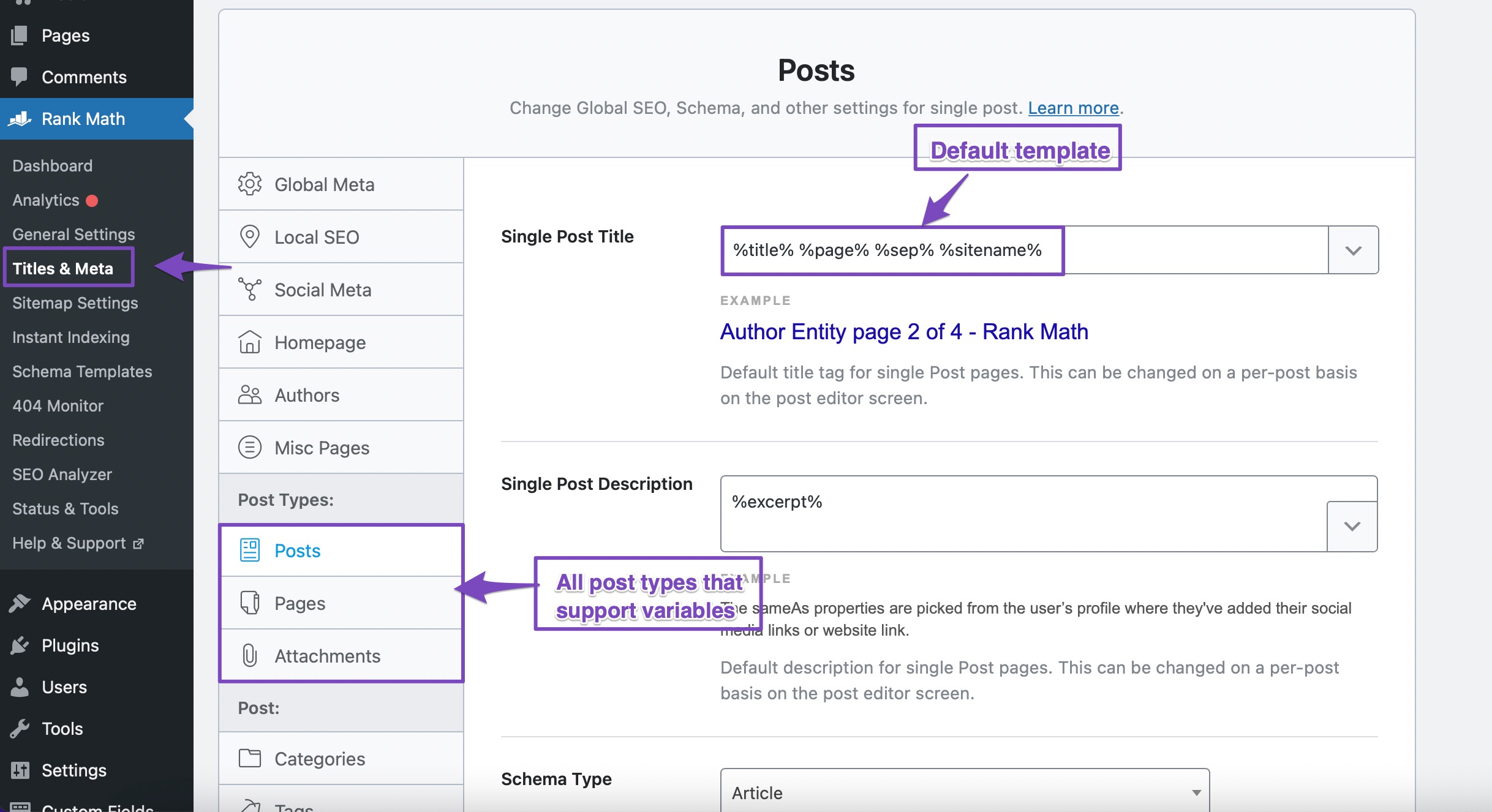 Where to configure default titles in Rank Math