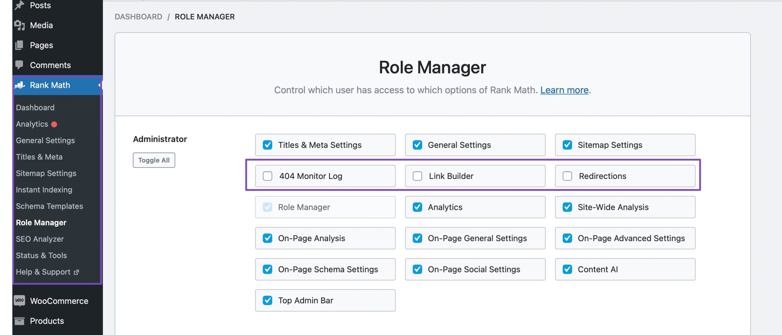 Disable role capabilities with Rank Math Role Manager