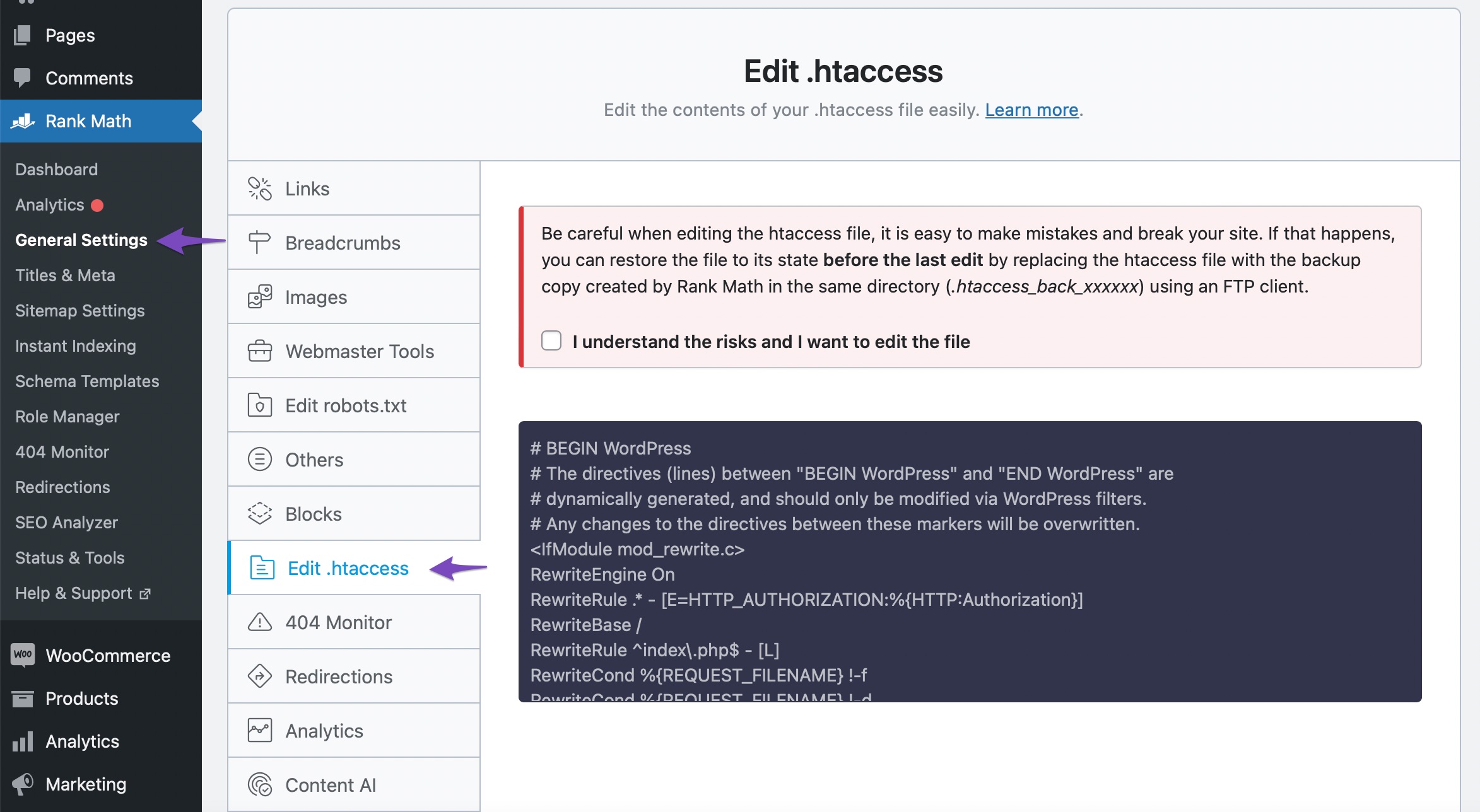 Edit .htaccess in Rank Math
