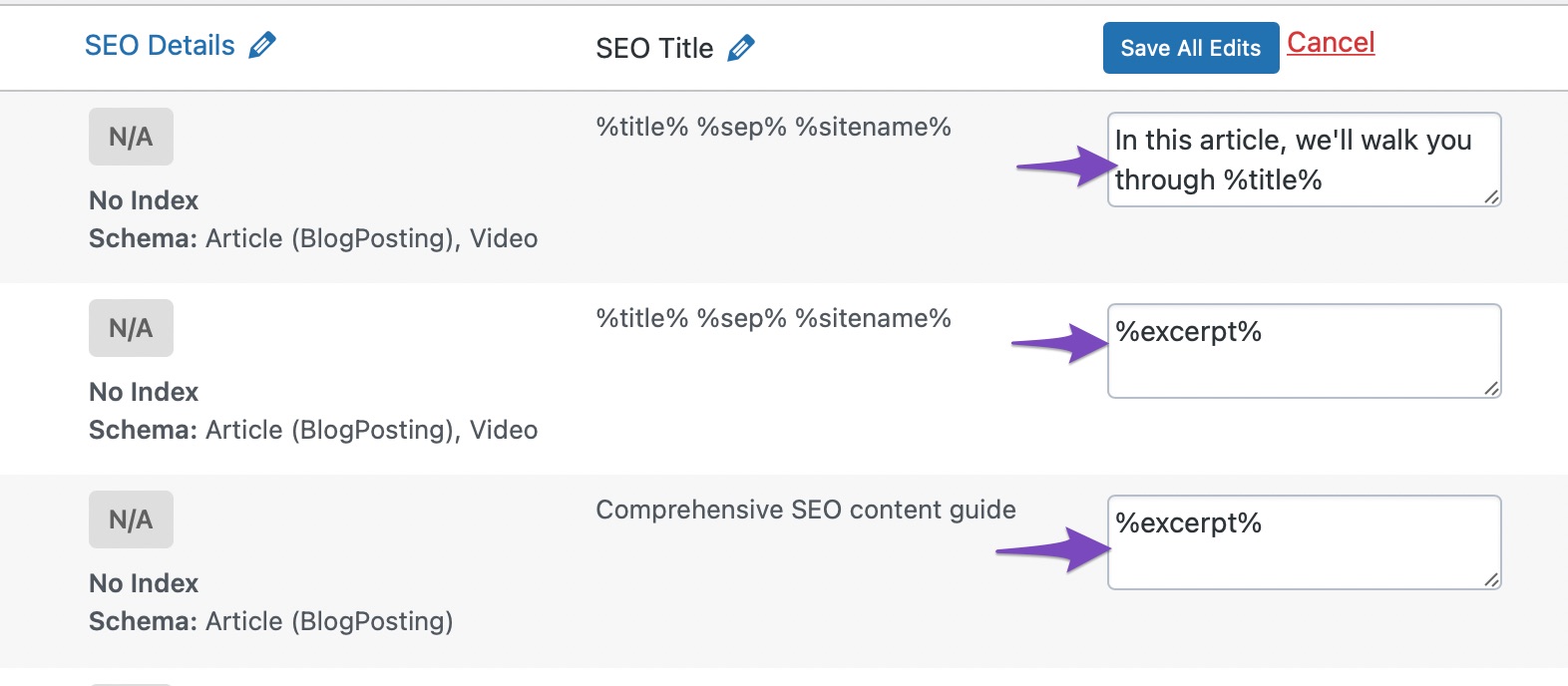 Editable SEO description fields