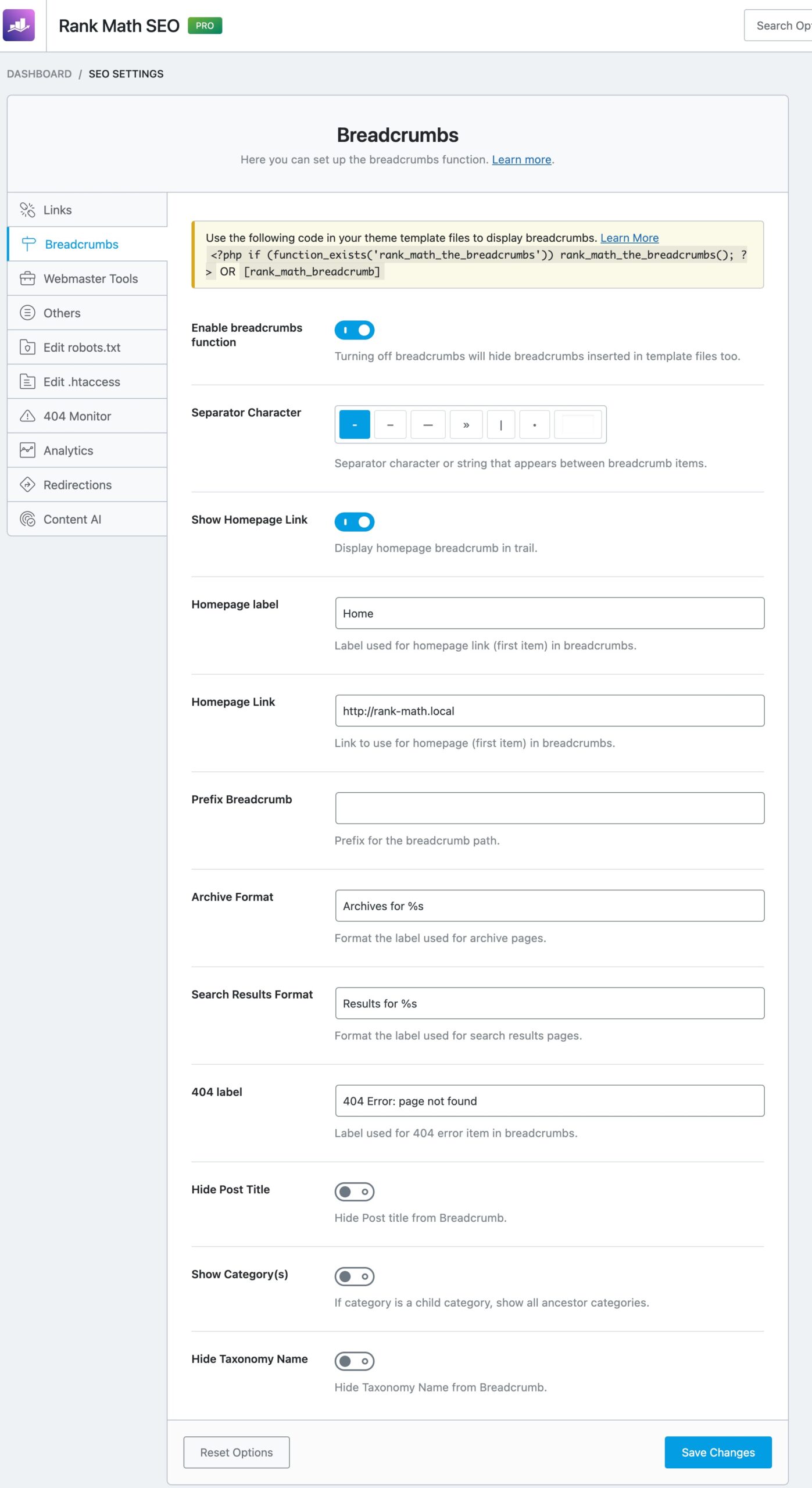 Available Breadcrumbs settings