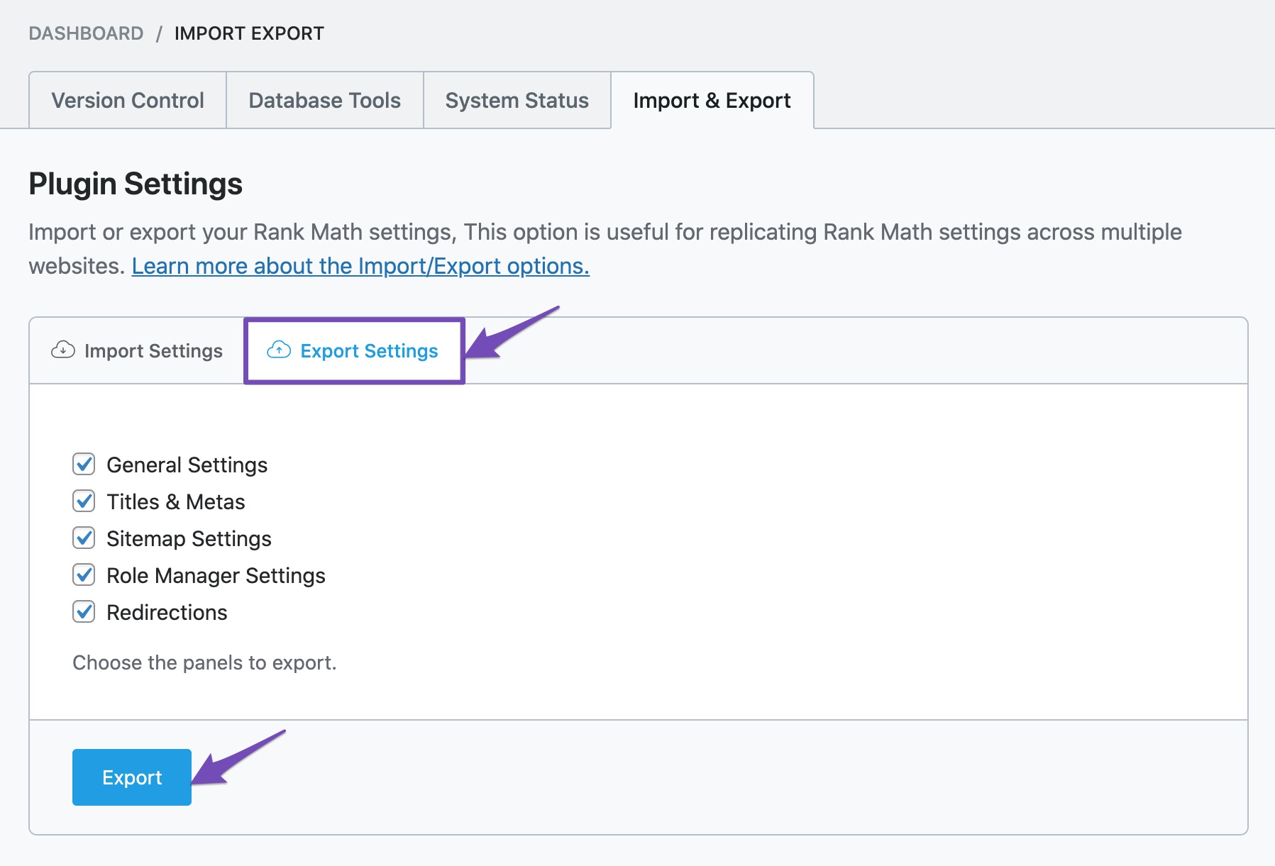 Export Settings in Rank Math