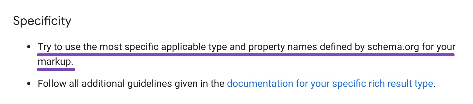 Google's guidelines on using most specific applicable Schema Type