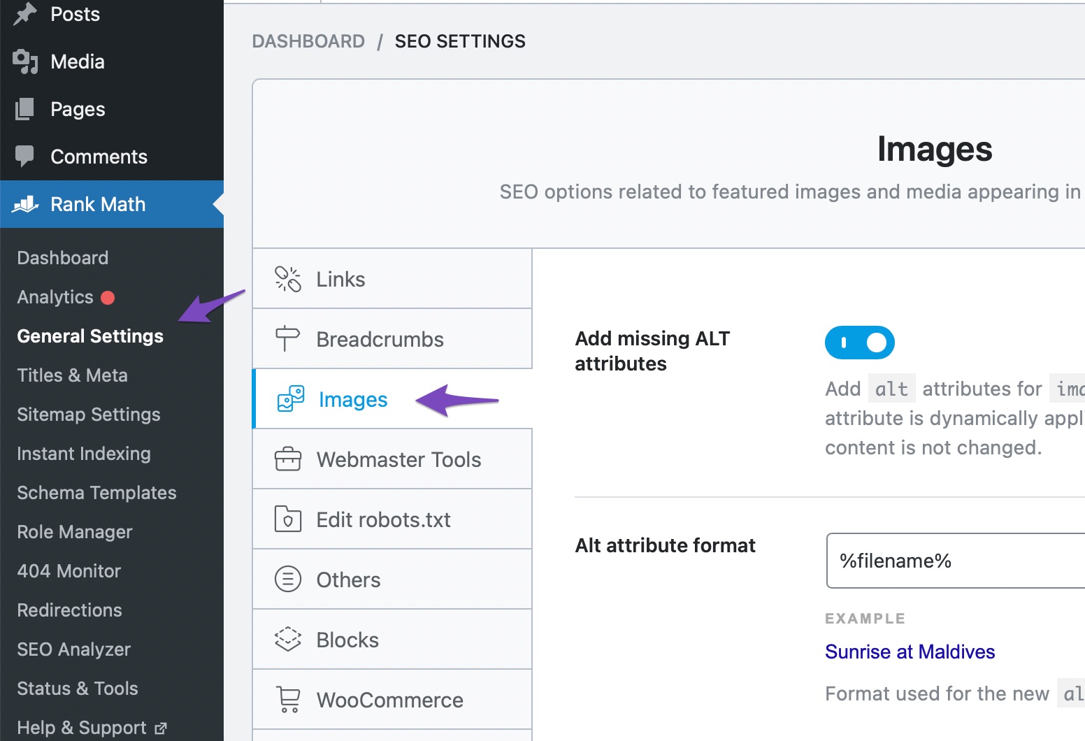 Open Images settings in Rank Math