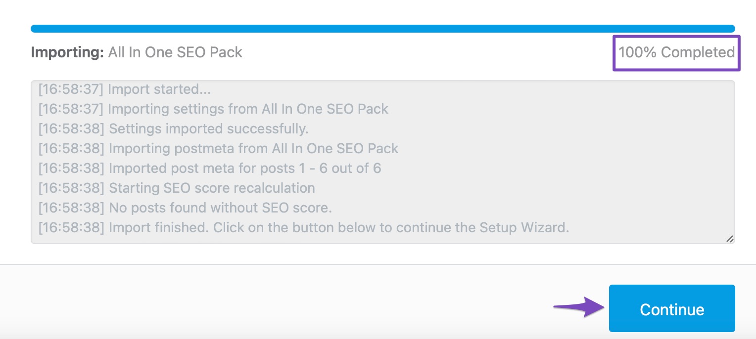 Importing data from All In One SEO Pack completed