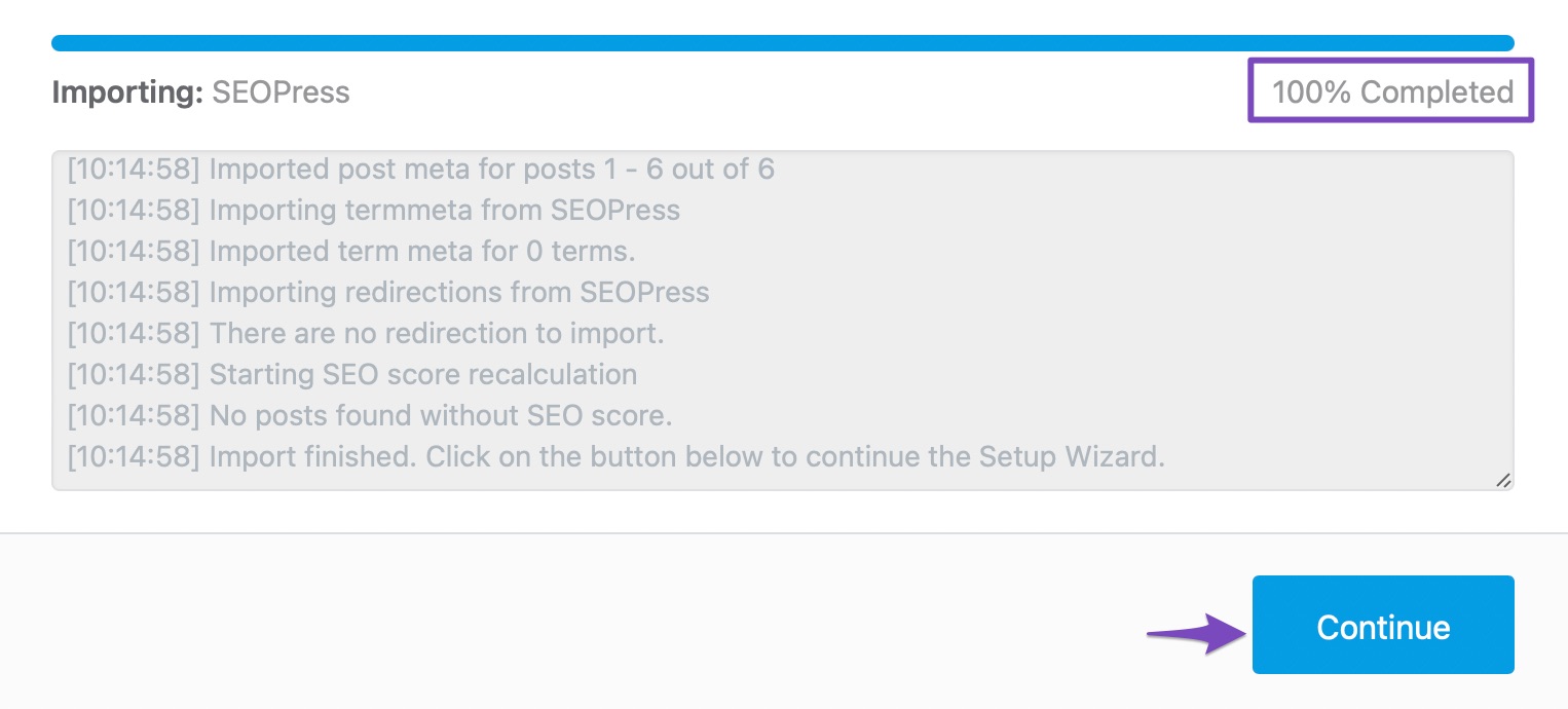 Importing data from SEOPress completed