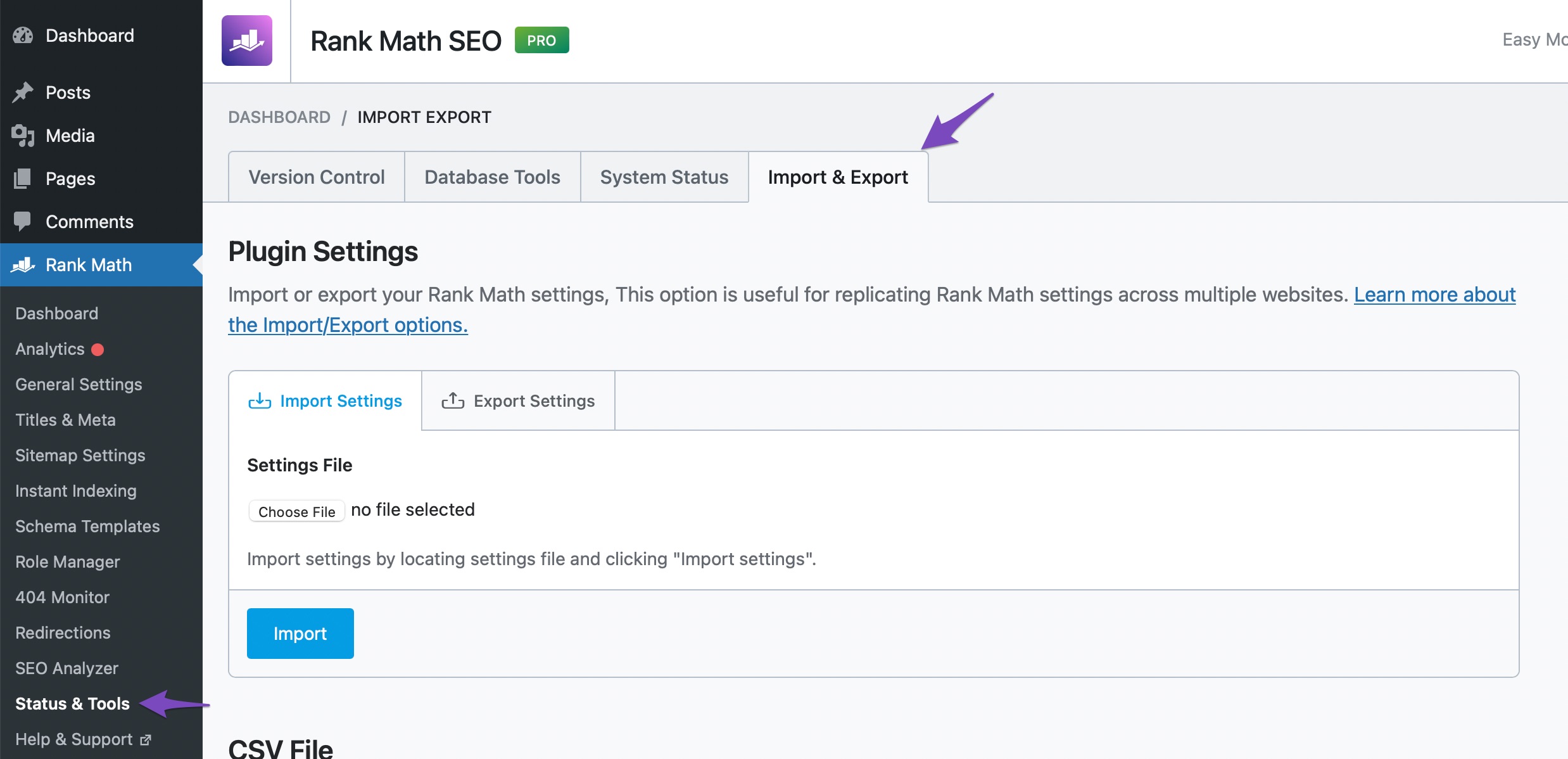 Import and Export tab in Rank Math