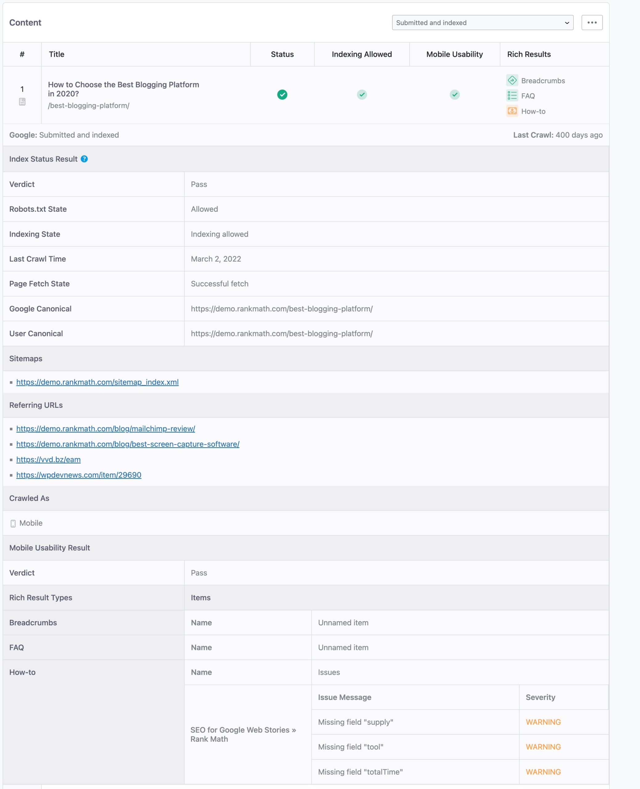 Index Status Result