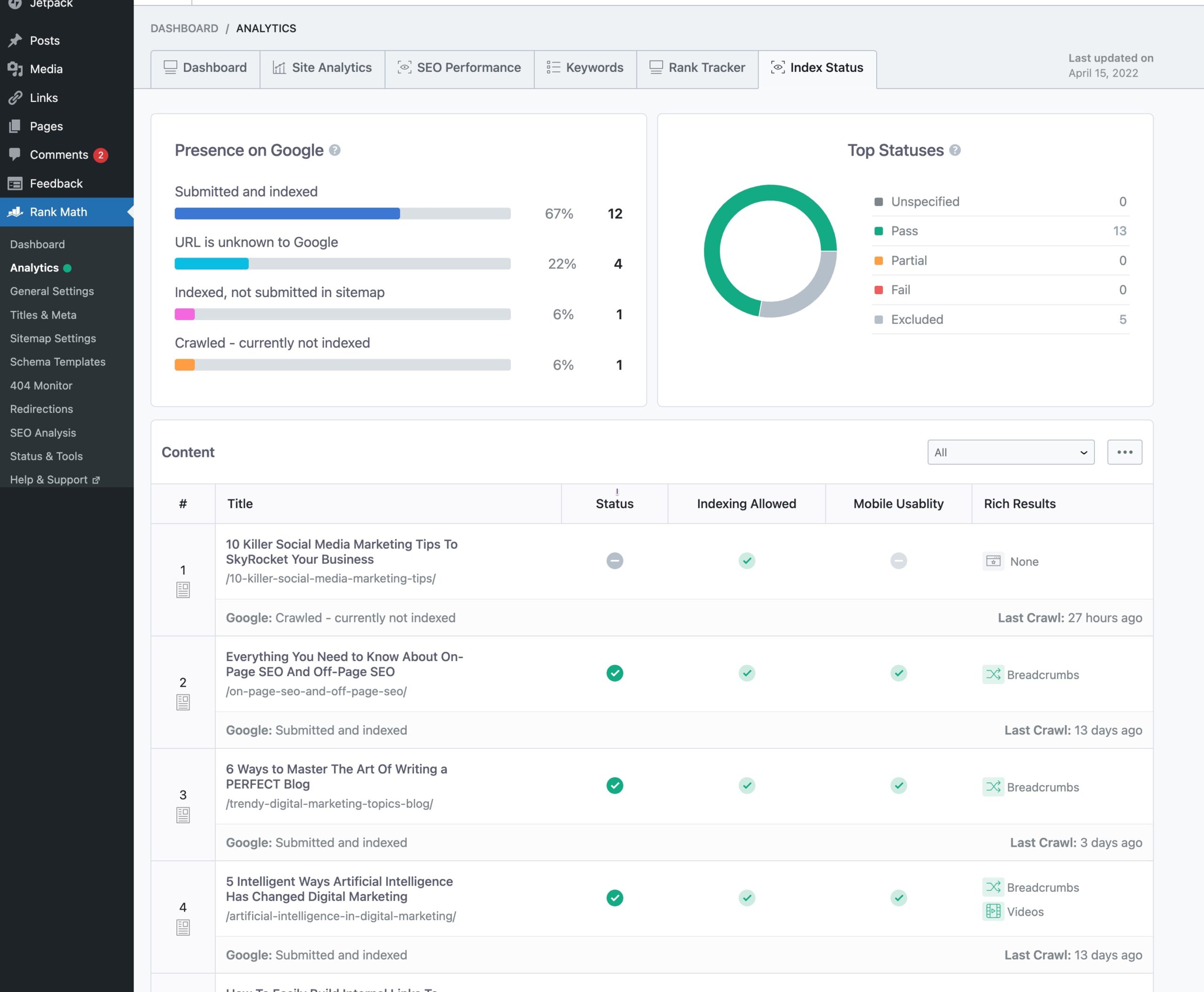 Index status in Rank Math