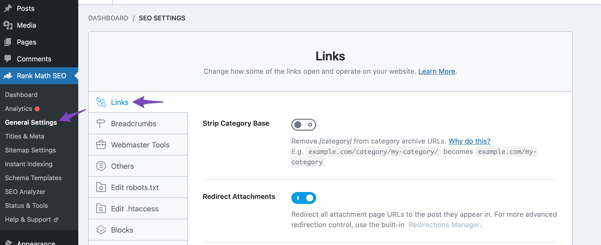 Links settings