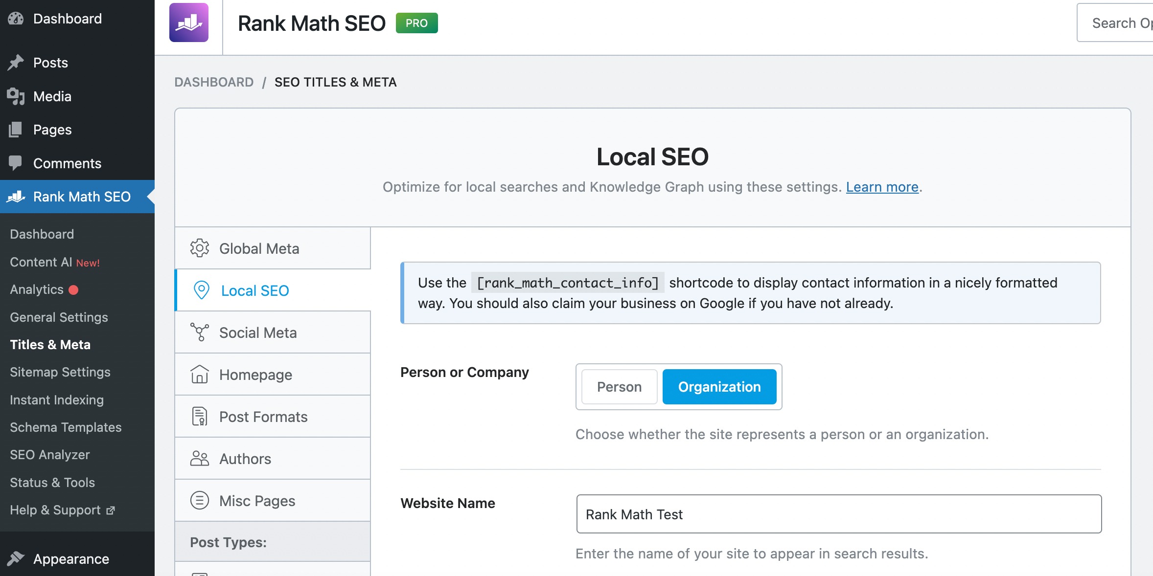 Rank Math Local SEO Settings