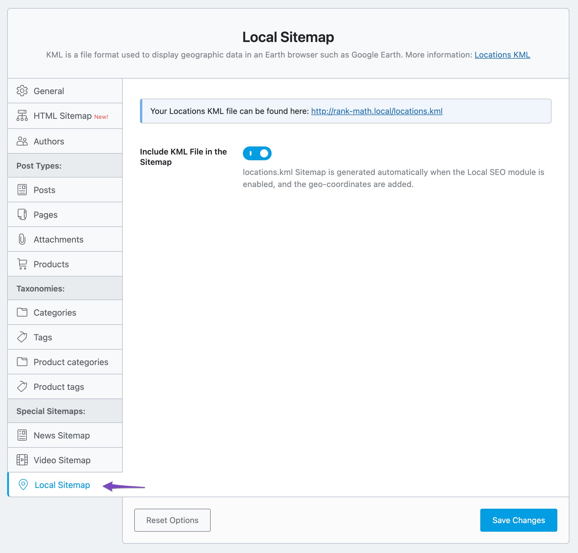 Local Sitemap settings