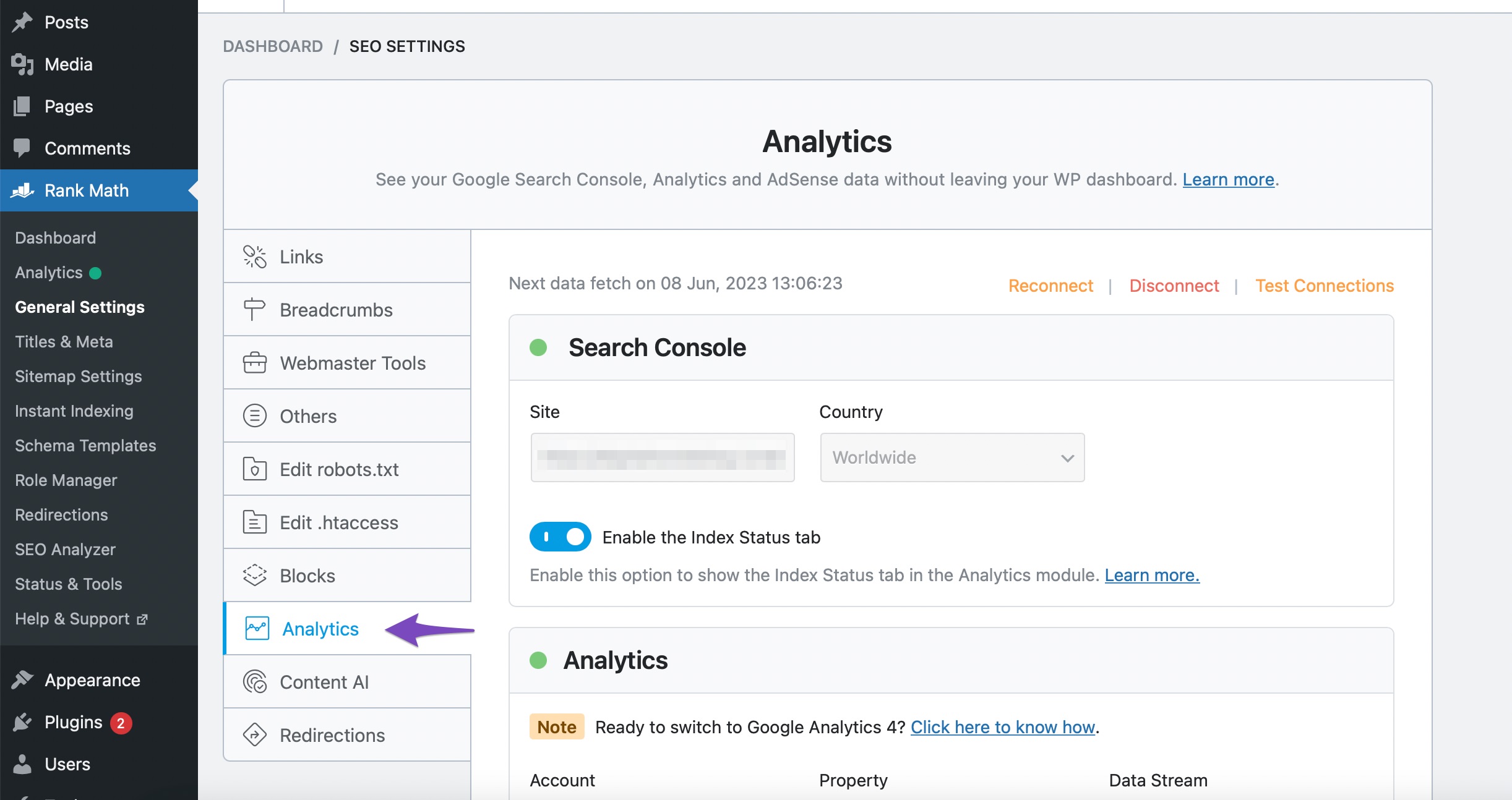 Navigate to Analytics settings