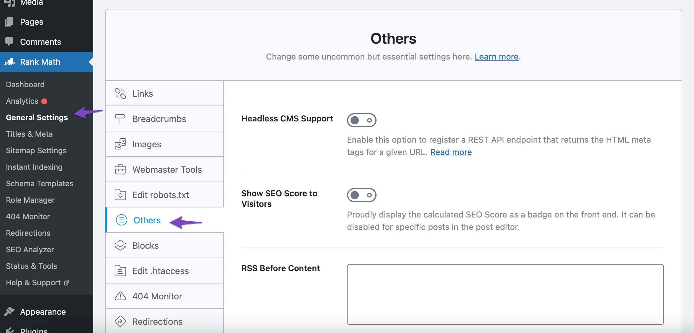 Enable Rank Math General Settings - Others section