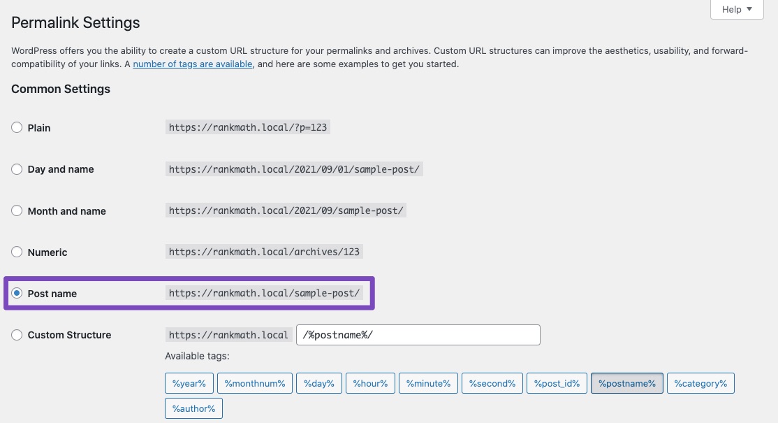 Post name in permalinks settings