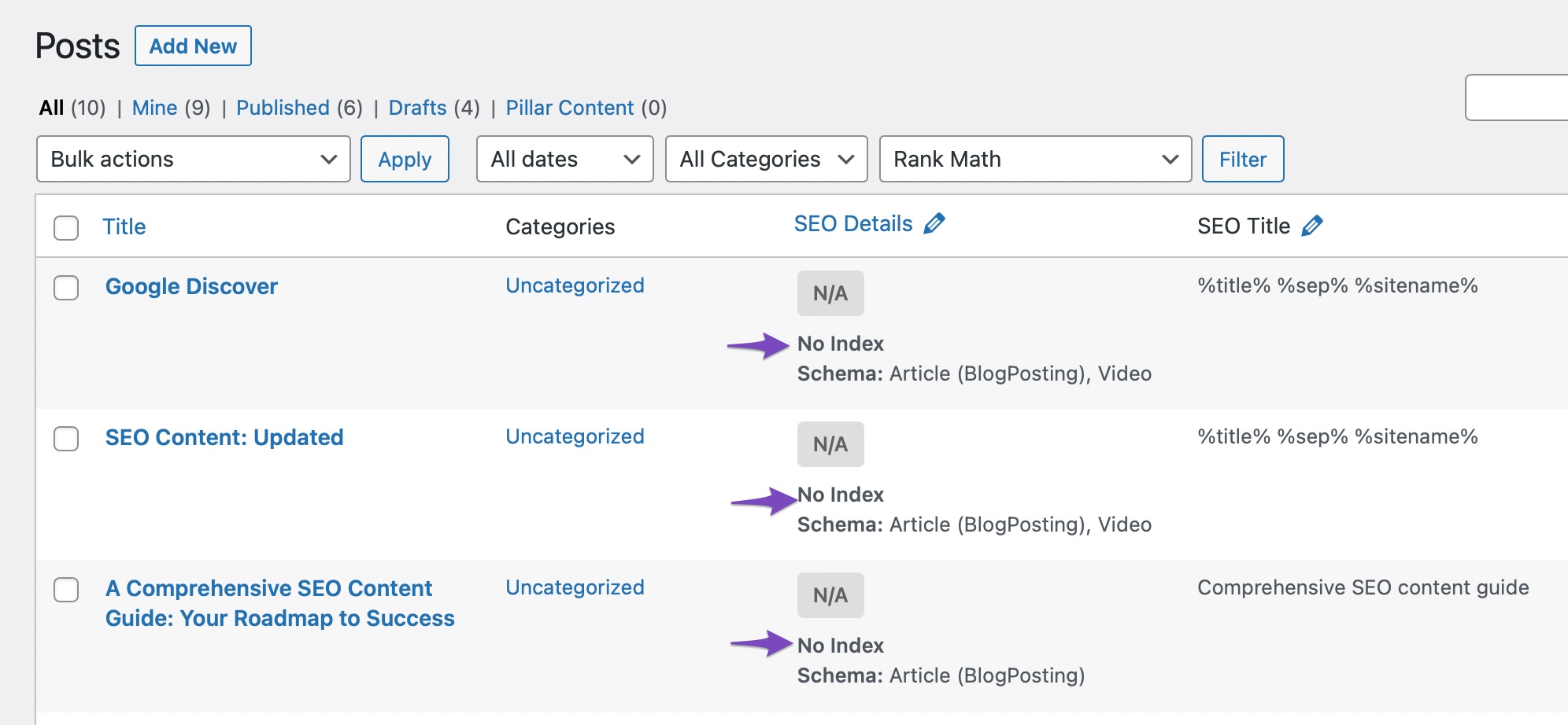 Noindex set with bulk actions