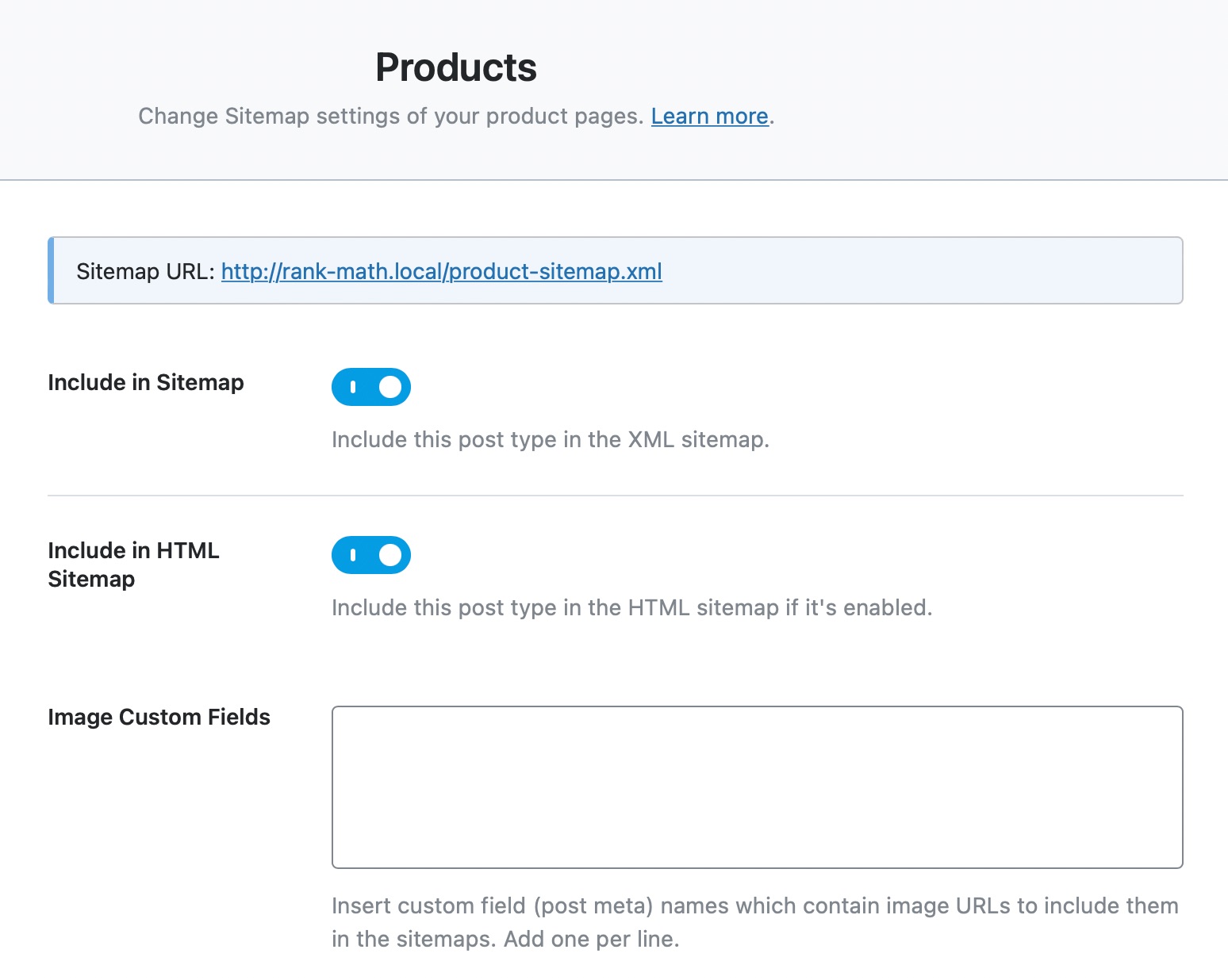 all options in the products sitemap