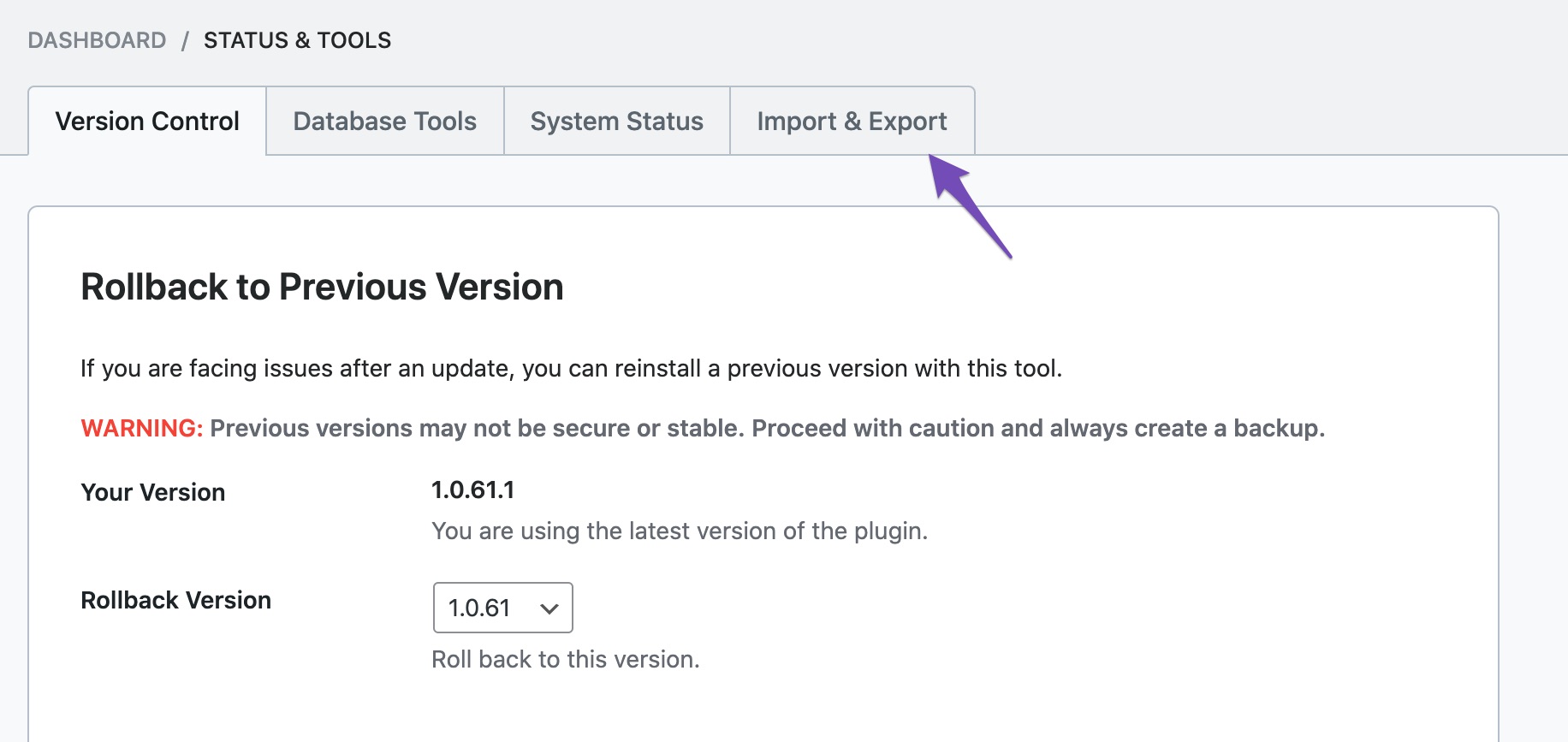 Rank Math Import/Export under Status and Tools