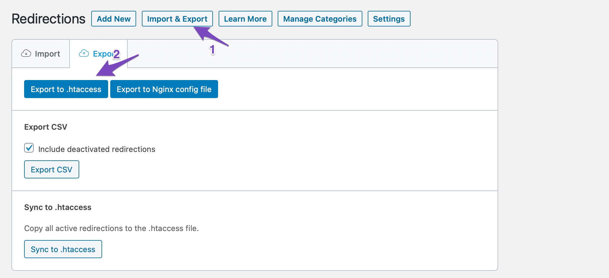 exporting htaccess file in rank math