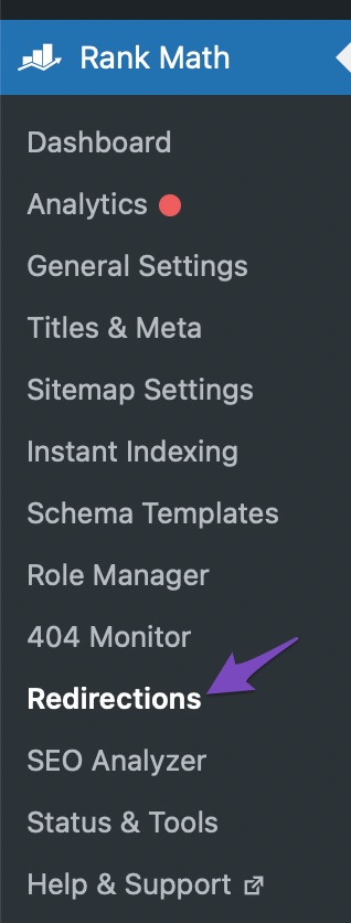 Navigate to Rank Math Redirections