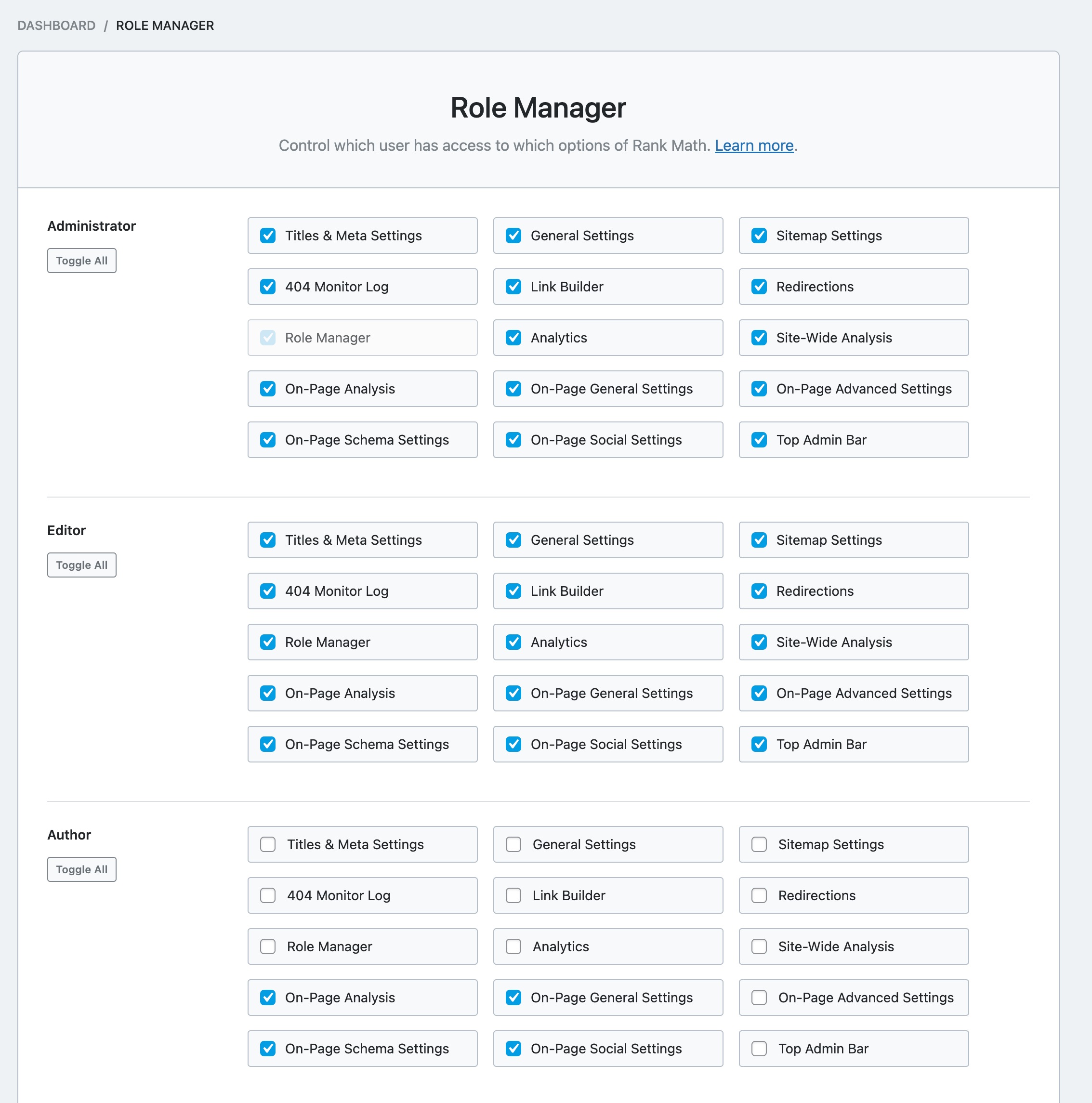 Rank Math Role Manager settings