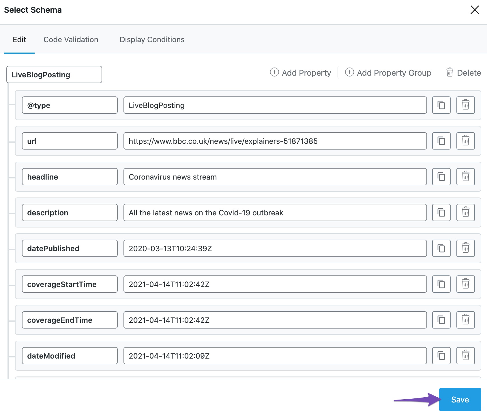 Save the imported Schema Markup