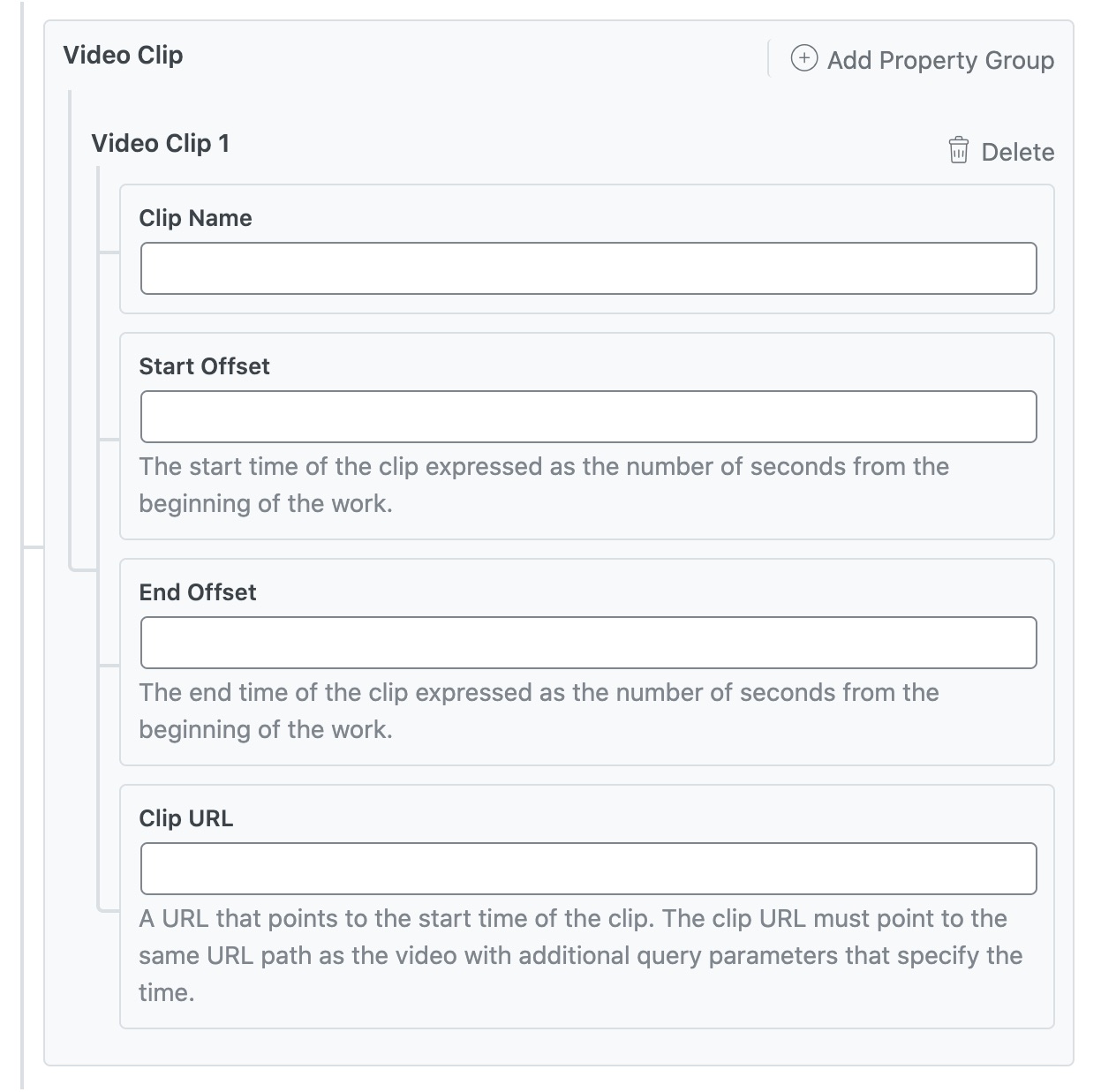 Schema options for the Video Clip