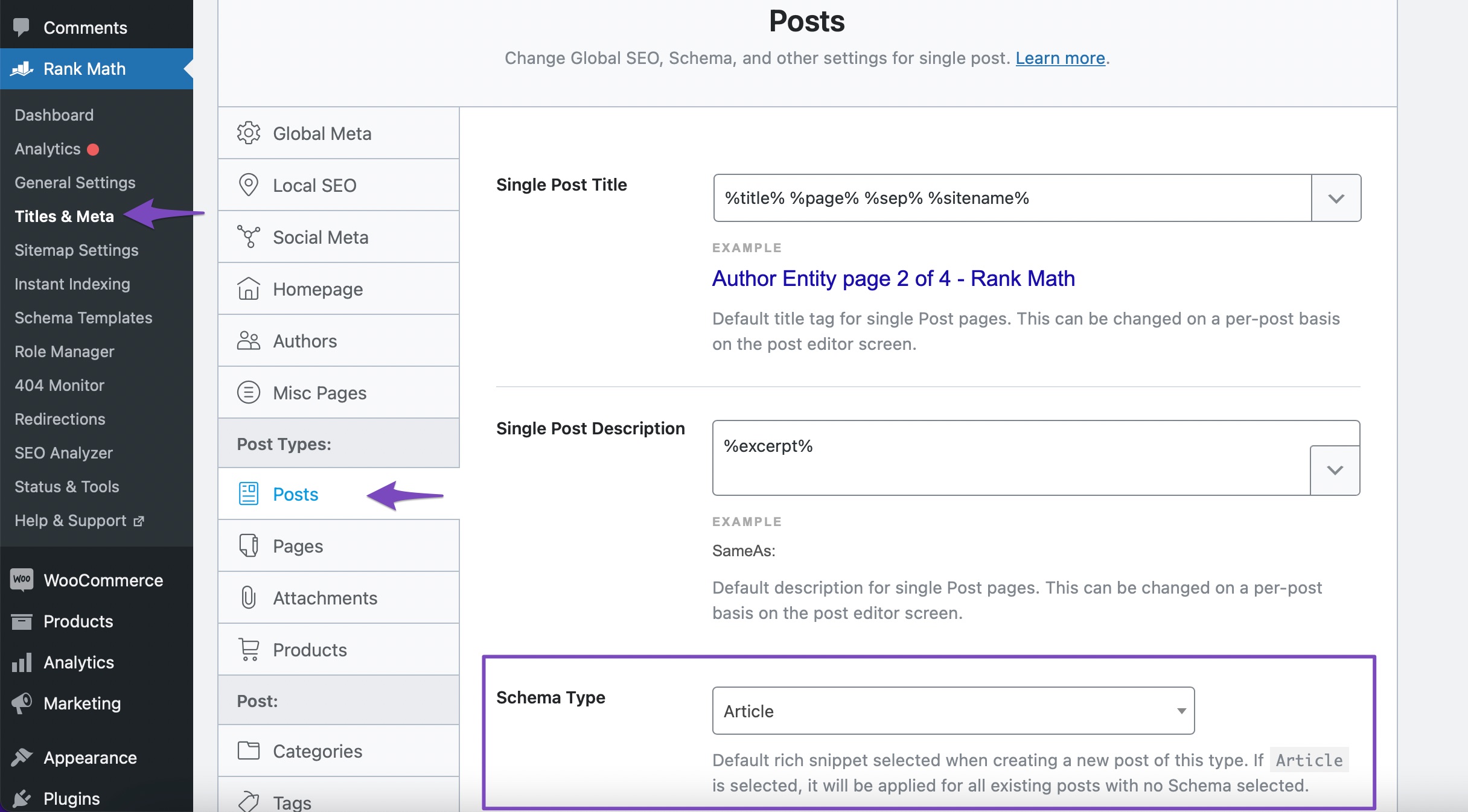 Default Schema type in Rank Math Titles & Meta settings