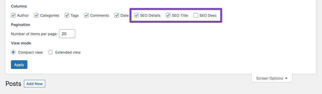 Screen options to display SEO columns