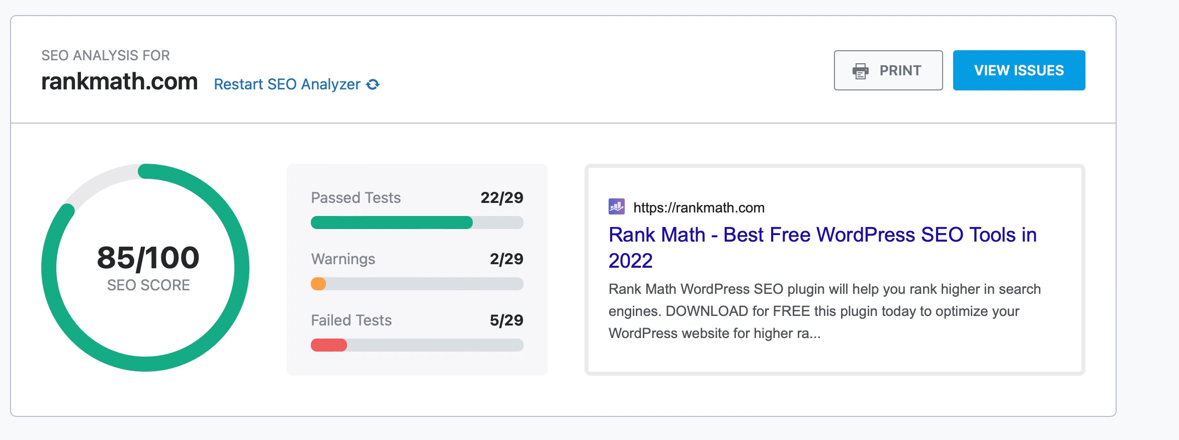 Rank Math SEO Analyzer score