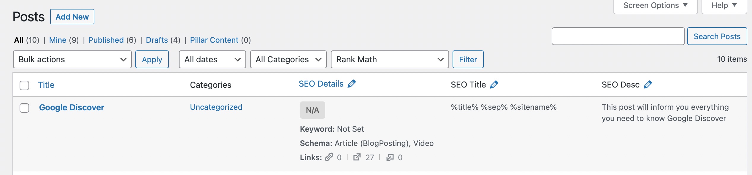 SEO fields in Posts screen