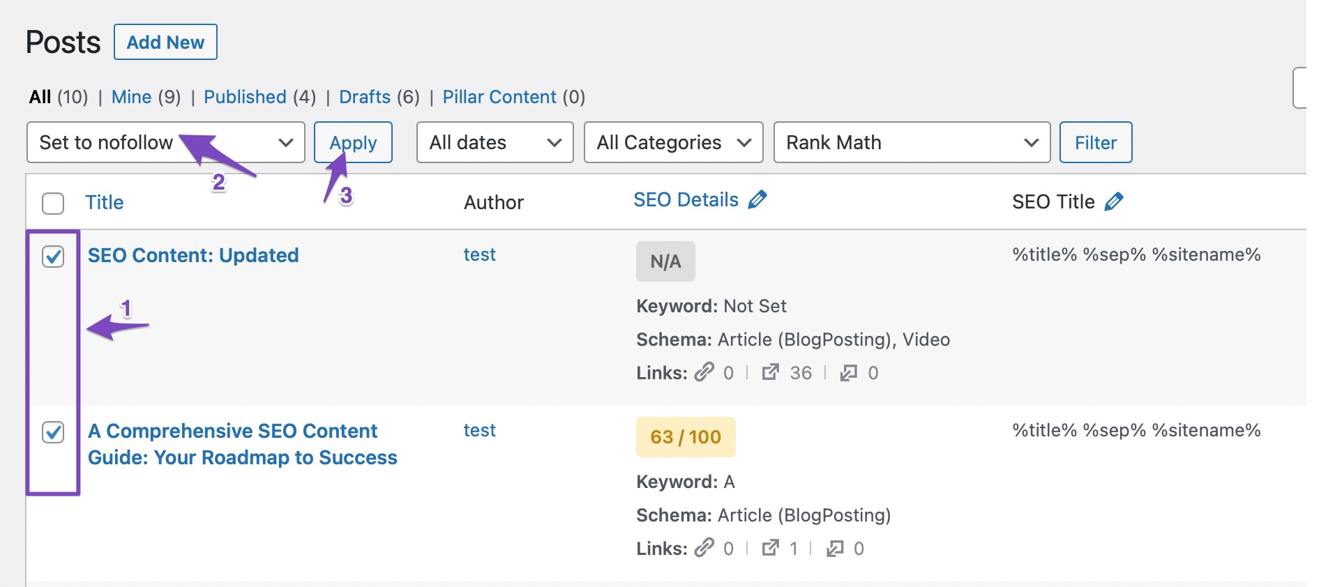 Set to nofollow using bulk actions